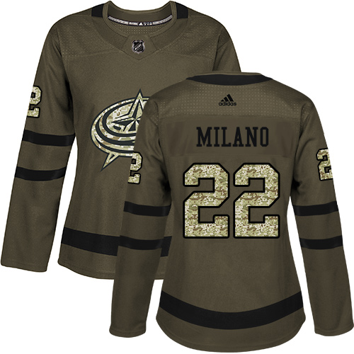 Adidas Blue Jackets #22 Sonny Milano Green Salute to Service Women's Stitched NHL Jersey